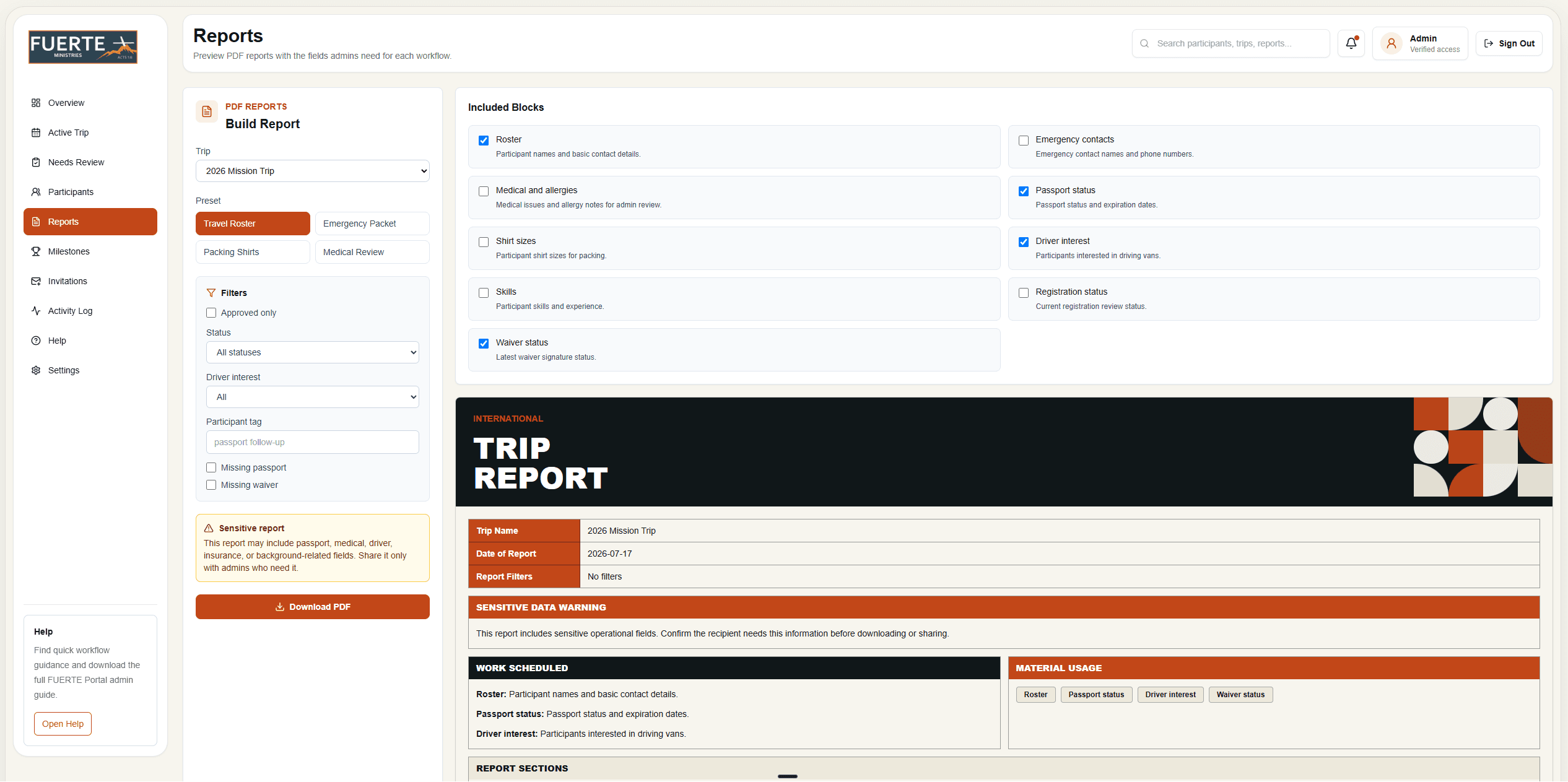 FUERTE Portal reports screen showing report controls and a sensitive-data warning